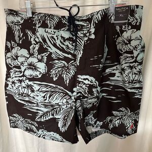 Nautica Men's Swim Trunks, Navy & White Tropical Print Beach Shorts Size XL NWT